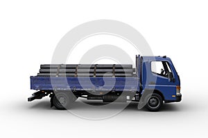 Side view 3D illustration of a blue flat bed truck loaded with pipes isolated on white background