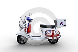 Side view 3D illustration of a white motor scooter with British flag and multiple mirrors isolated on a white background