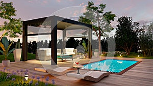 Side view 3D render of black outdoor pergola on deck next to swimming pool at sunset