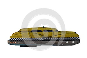 Side view 3D rendering of a flying cyberpunk yellow taxi cab isolated on white