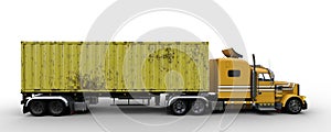 Side view 3D rendering of a large unbranded yellow articulated freight truck isolated on white