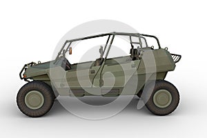 Side view 3D rendering of a military all terrain vehicle isolated on a white background