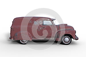 Side view 3D rendering of an old vintage American panel van with faded and peeling red paintwork isolated on white background