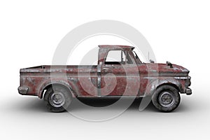 Side view 3D rendering of a rusty old vintage red pickup truck isolated on white