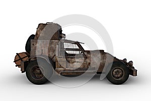 Side view 3D rendering of a rusty post apocalyptic concept car isolated on white
