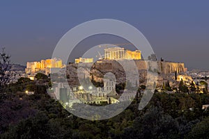 Side view of acropolis at dusk