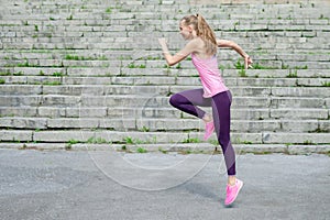 Side view of active sporty young running woman runner athlete with copy space concept sport health fitness loss weight