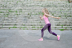 Side view of active sporty young running woman runner athlete with copy space concept sport health fitness loss weight