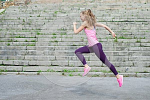 Side view of active sporty young running woman runner athlete with copy space concept sport health fitness loss weight