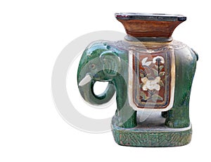 Side view antique green elephant ceramic on white background, vintage, object, copy space