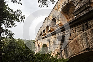 Side view of the aqueduct called pont du Gard