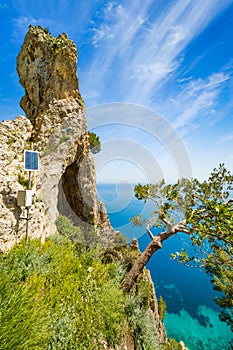 Side view of Arco Naturale, natural arch on coast of Capri island, Italy