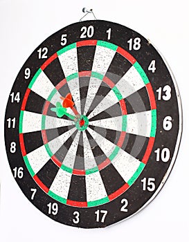 Side view.Arrow dart hitting the center of the target dart Board