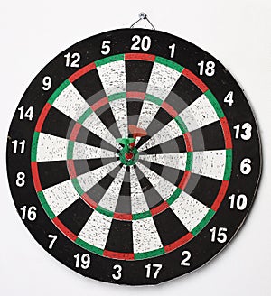 Side view.Arrow dart hitting the center of the target dart Board