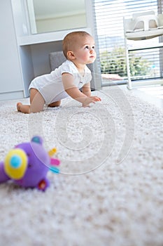 Side view of a baby crawling on carpet