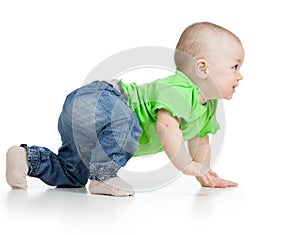 Side view of baby crawling isolated on white