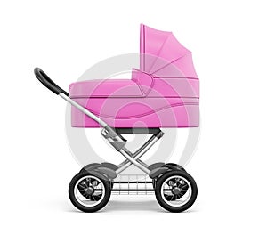 Side view of baby stroller on a white background. 3d rendering