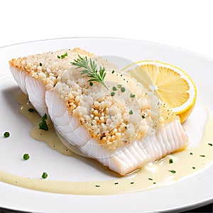 A side view of a baked cod fillet, showcasing its flaky white flesh and crispy breadcrumb topping,