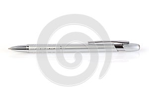 Side view of a ballpoint pen, isolated on a white background. Close up