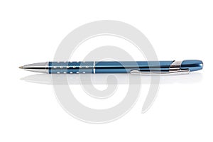 Side view of a ballpoint pen, isolated on a white background. Close up