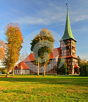 The side view of baroque timbered church in Stegna, Pomerania region in Poland