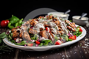 side view of a bbq chicken salad with creamy dressing