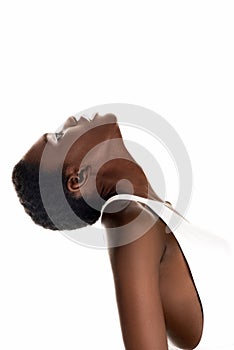 side view of beautiful african american girl with white lips looking up
