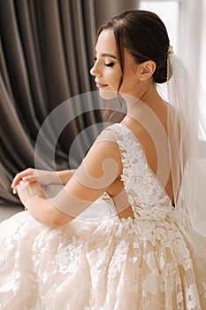Side view of beautiful bride in elegant wedding dress. Gorgeous make up and hairstyle