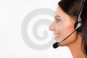 Side view of a beautiful consultant with microphone isolated white background.