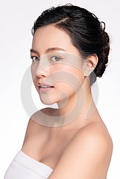 Side view of Beauty Woman face Portrait, Beautiful Young Asian Woman with Clean Fresh Healthy Skin, Facial treatment. Cosmetology