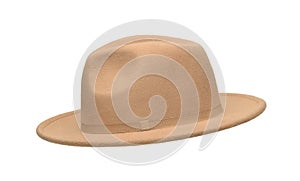 Side view of beige wide brimmed felt hat