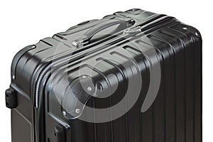 Side view of a big lightweight hard shelled suitcase focus of bu