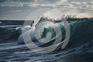 Side view at big ocean wave, created with generative AI