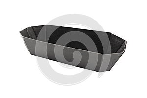 Side view black  empty disposable paper fast food tray isolated on white. Paper box isolated