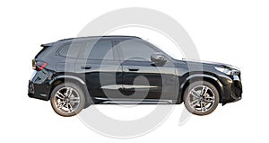 Side view of black hatchback car isolated on white background with clipping path
