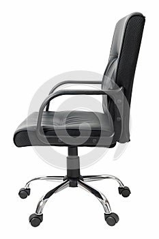 Side view of black leather office chair isolated on white