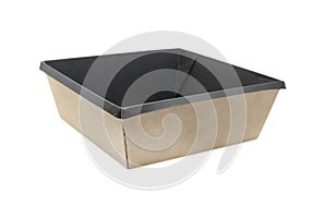 Side view black and yellow empty disposable paper fast food tray isolated on white. Paper box isolated