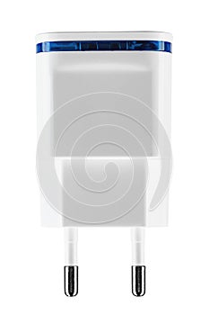 Side view of blank wall charger plug. Charger adapter. Universal two-port white USB charger shot  isolated on white background