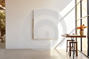 Side view of a blank white unprimed canvas on the wall in a modern simple interior.