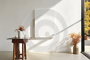 Side view of a blank white unprimed canvas on the wall in a modern simple interior.