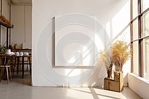 Side view of a blank white unprimed canvas on the wall in a modern simple interior. Soft sunlight from the window falls