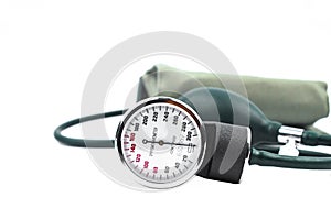 Side view of blood pressure measuring machine gently placed over an isolated white background