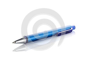 Side view of a blue ballpoint pen, isolated on a white background. Close-up