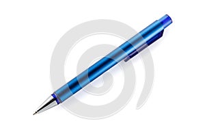 Side view of a blue ballpoint pen, isolated on a white background. Close-up