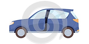 Side view of blue car with open door. New modern auto. Hatchback automobile. Road vehicle. Flat cartoon vector