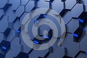 Side view of blue hexagon pattern wall