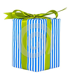 Side view of blue line gift box with green ribbon