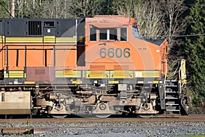 Side view of BNSF diesel locomotive cab number 6606 ES44C4