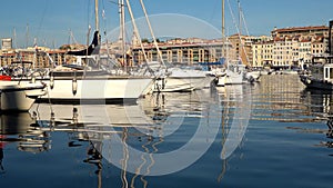 Side view of boats moored at a quay in a Old Port, Marseille, France