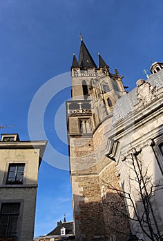 Side view from the bottom and the details of Aachen Cathedral. Facade of Aix-la-Chapelle, Roman Catholic church in Aachen, western